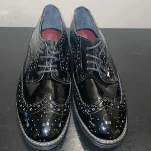 Line A Zeta Black patent‎ leather wing tip shoes.  Size 37/6.5.